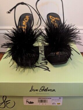 Sam Edelman Lindy Black Satin Feather Pom - US size 8.5